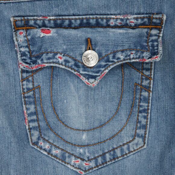 True Religion Jeans Mens 40 x 34 Waist Blue Denim Skinny Flap Pockets Distressed - Picture 13 of 16